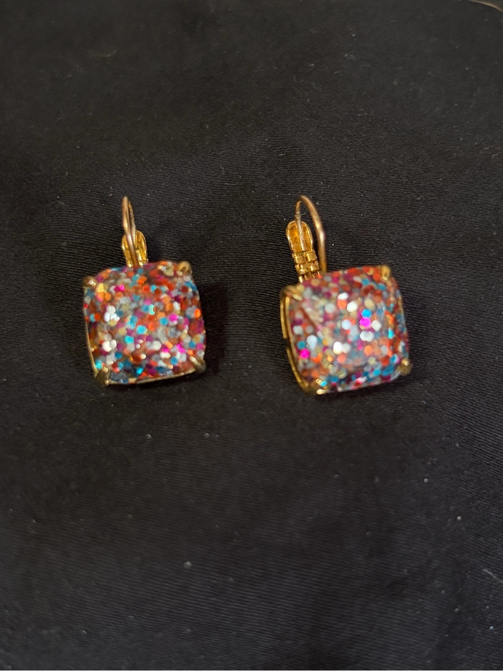 Kate Spade Multi Glitter Cushion Drop Earrings Gold Tone Leverback